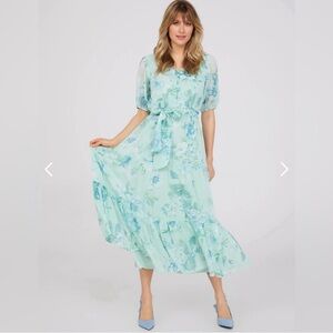 Floral Puff-Sleeve Midi Dress in Mint size M